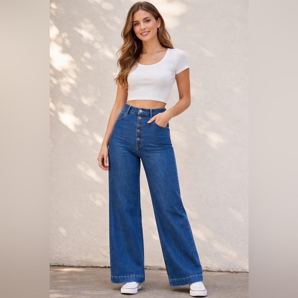 Mih High Rise Button Fly Paradise Wide Leg Full Length Jeans Womens Size 27